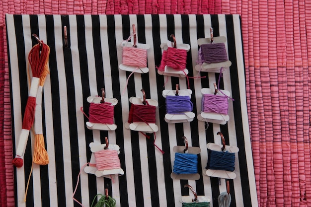 Embroidered samplers on table